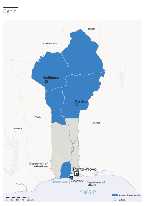 Map of HI's interventions in Benin