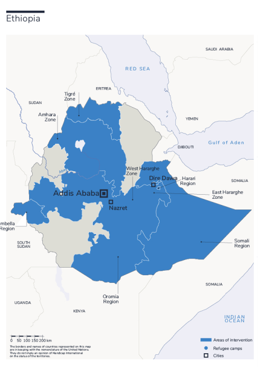 Map of Humanity & Inclusion's interventions in Ethiopia